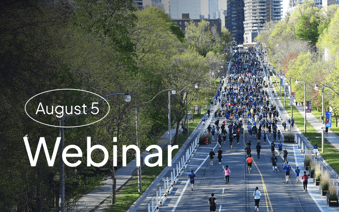Runners participate in a city marathon on a tree-lined boulevard with text overlay promoting an August 5 webinar