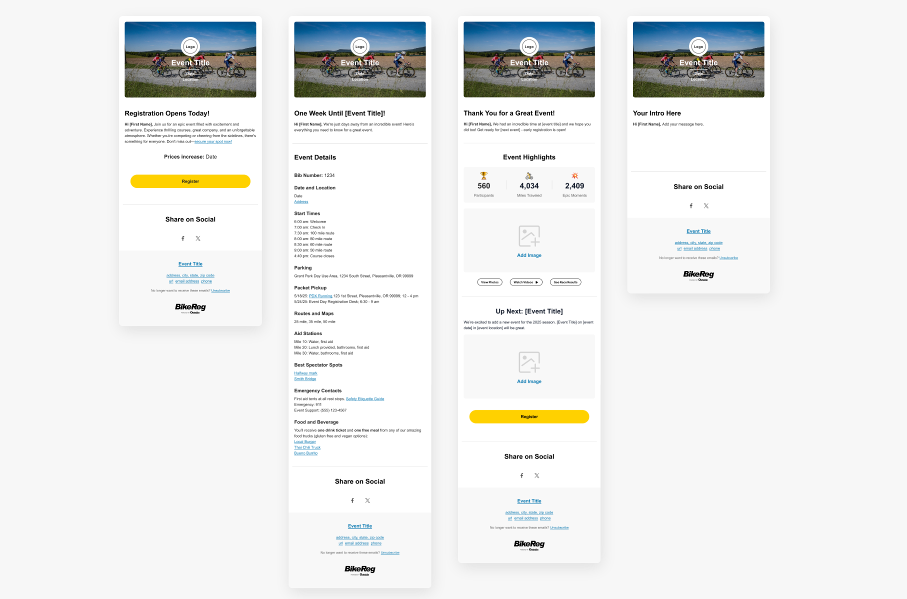 Four athleteReg email template examples showing registration announcement, event details, thank you, and custom templates for endurance event communication