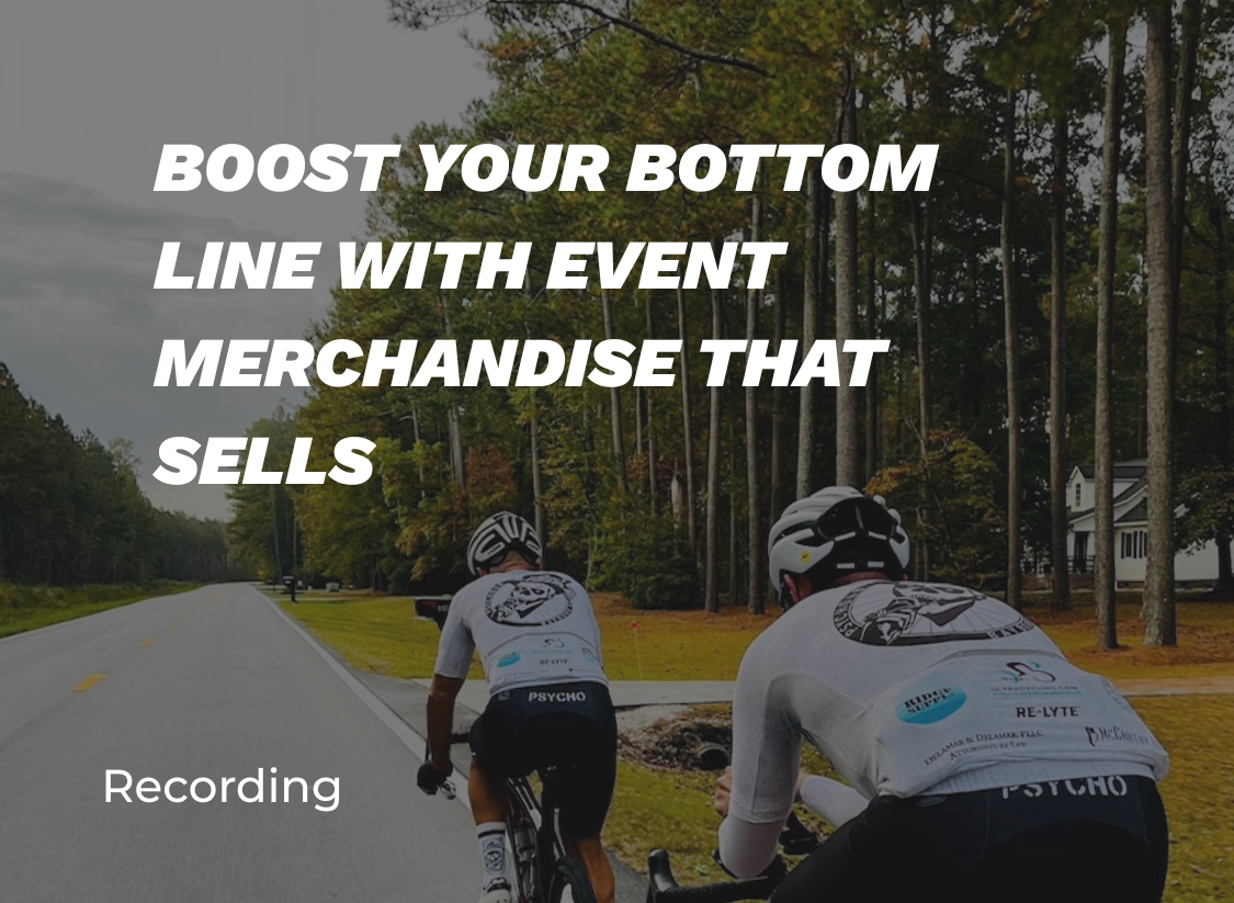 Cyclists in custom event jerseys ride down a tree-lined road promoting the athleteReg webinar Boost Your Bottom Line with Event Merchandise That Sells.