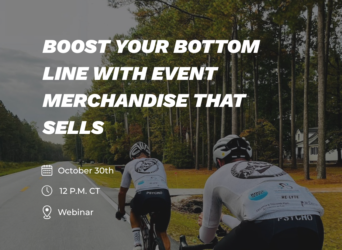 Two cyclists wearing event jerseys ride on a wooded road promoting the athleteReg webinar “Boost Your Bottom Line With Event Merchandise That Sells,” taking place October 30 at 12 p.m. CT.