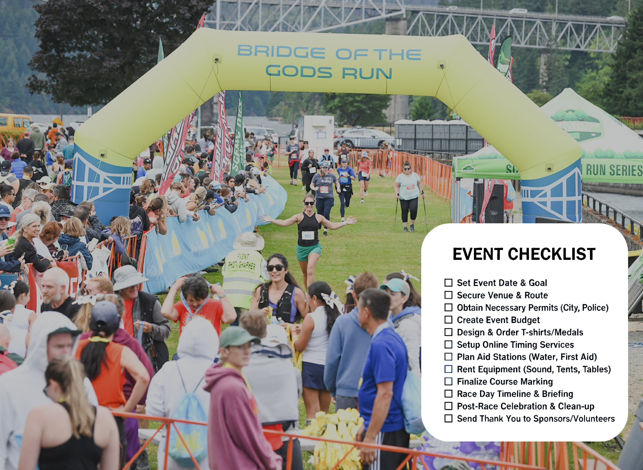 Finish line scene at the Bridge of the Gods Run, with runners crossing under the finish arch as spectators cheer from both sides of the course.