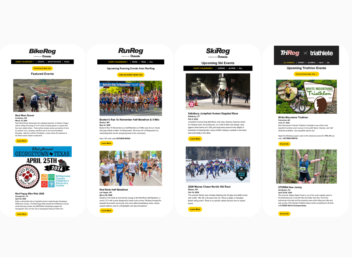 Featured athleteReg event newsletters showcasing bike, run, ski, and triathlon events reaching thousands of ready-to-register athletes