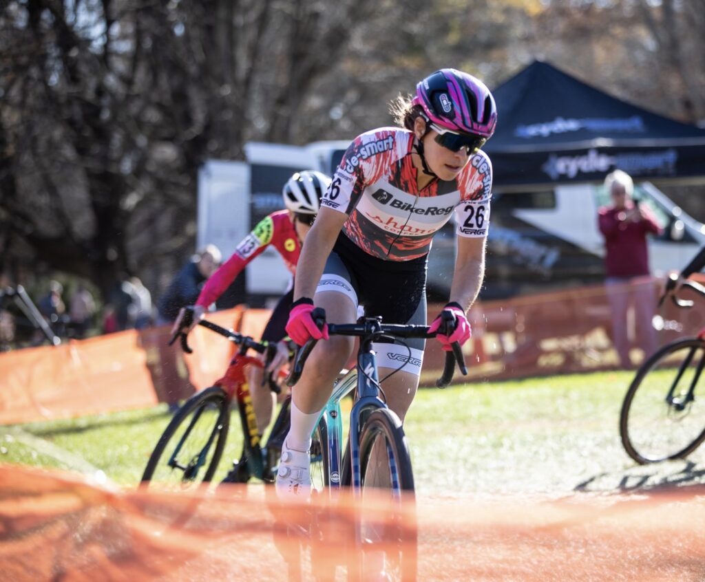 Kat Rusch racing cyclocross in a UCI event for the BikeReg | Share Coffee women’s cycling team.