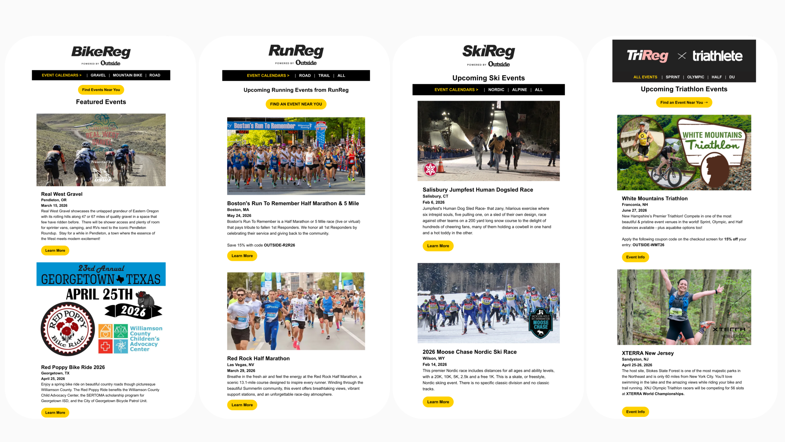 Featured athleteReg event newsletters showcasing bike, run, ski, and triathlon events reaching thousands of ready-to-register athletes