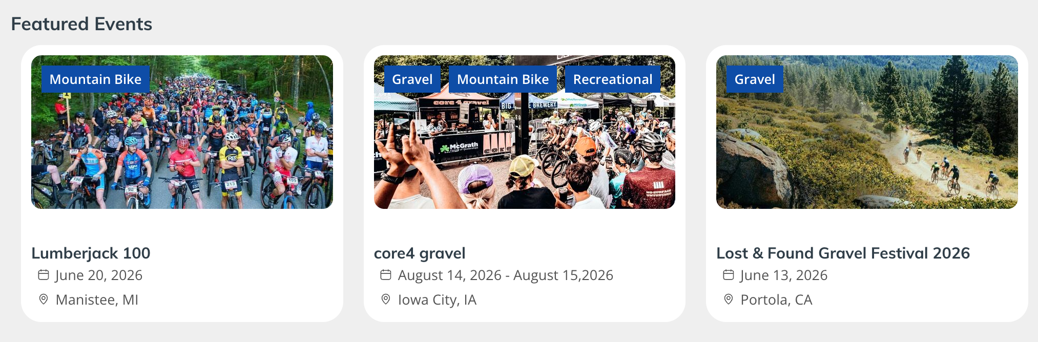 athleteReg featured events showcasing mountain bike and gravel races including Lumberjack 100, core4 gravel, and Lost & Found Gravel Festival