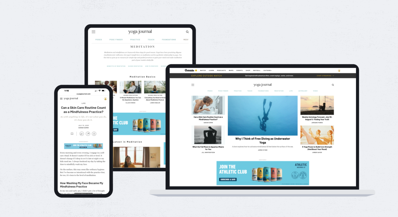 Outside Network media brands displayed across mobile, tablet, and desktop including Yoga Journal content reaching engaged outdoor and wellness audiences