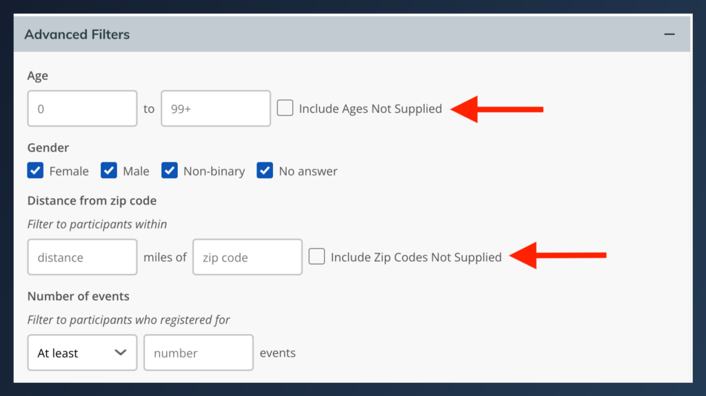 athleteReg advanced email filters showing age range, gender, distance from zip code, and number of events fields with checkboxes to include participants where age or zip code data was not supplied