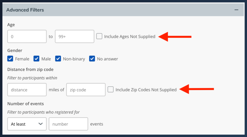 athleteReg advanced email filters showing age range, gender, distance from zip code, and number of events fields with checkboxes to include participants where age or zip code data was not supplied