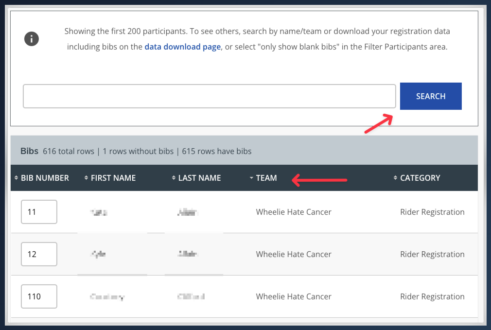 athleteReg bib generator showing sortable column headers for bib number, first name, last name, team, and category with 616 total participant rows