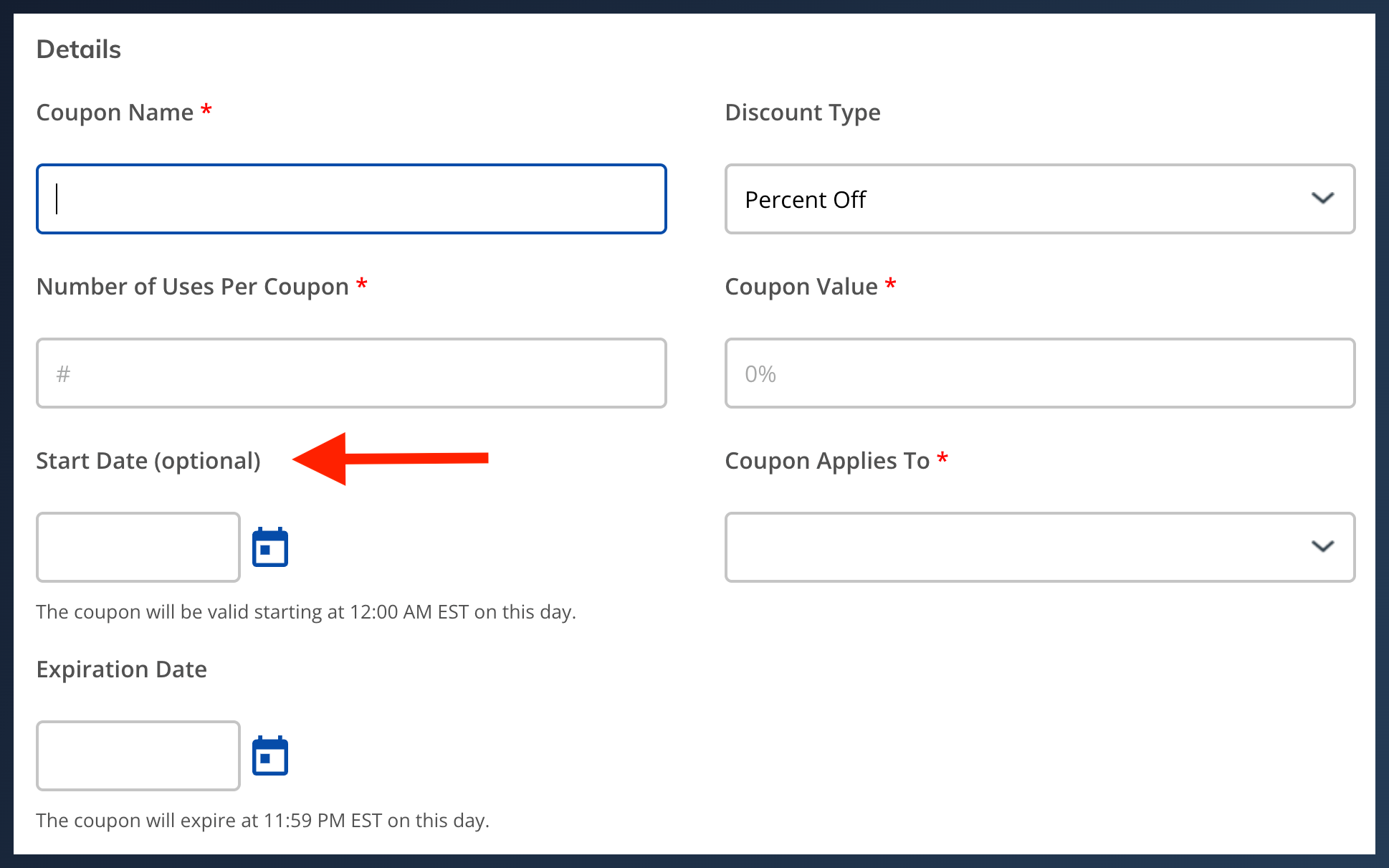 athleteReg coupon code setup form showing the new optional start date field with calendar picker for scheduling when a coupon becomes active