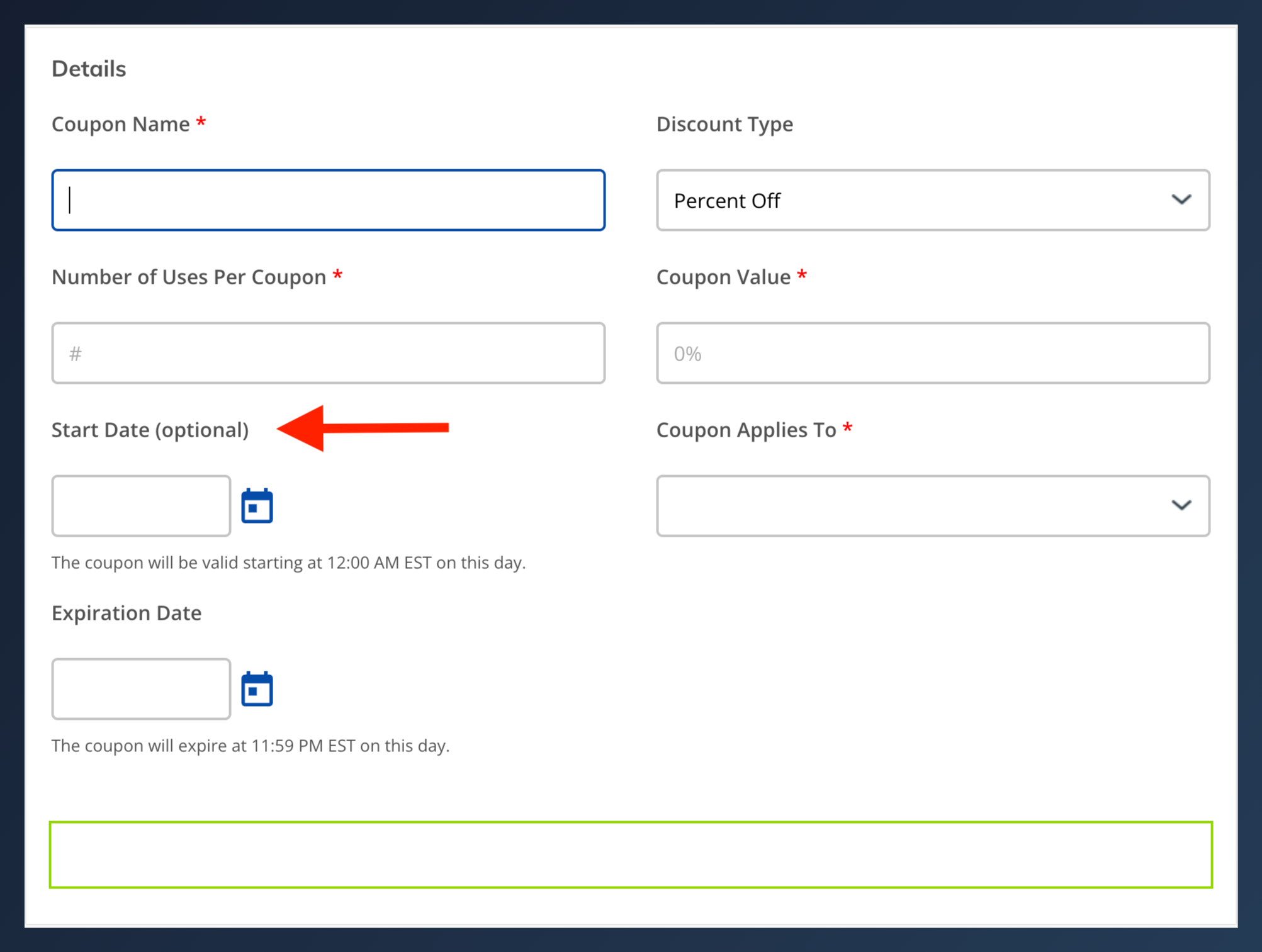 athleteReg coupon code setup form showing the new optional start date field with calendar picker for scheduling when a coupon becomes active