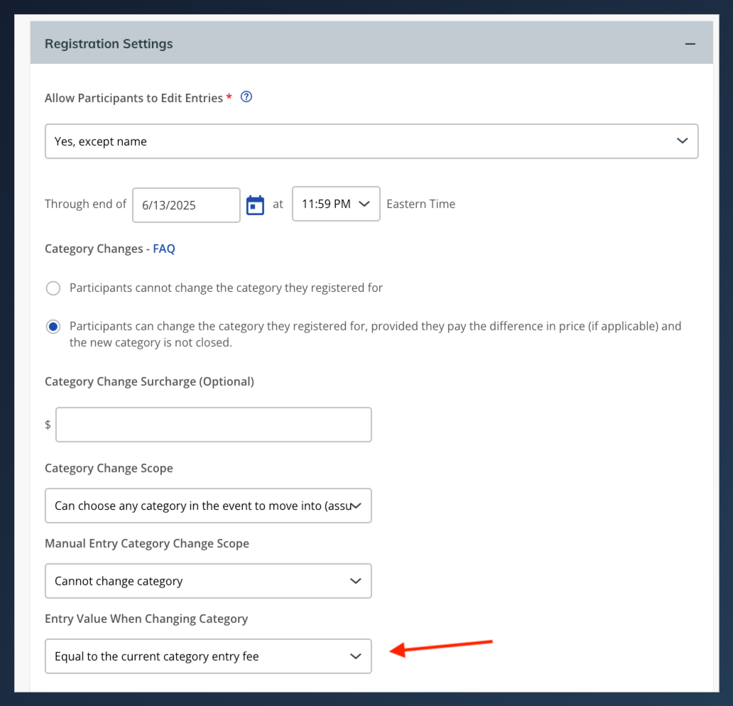 athleteReg registration settings showing the new Entry Value When Changing Category field set to equal the current category entry fee