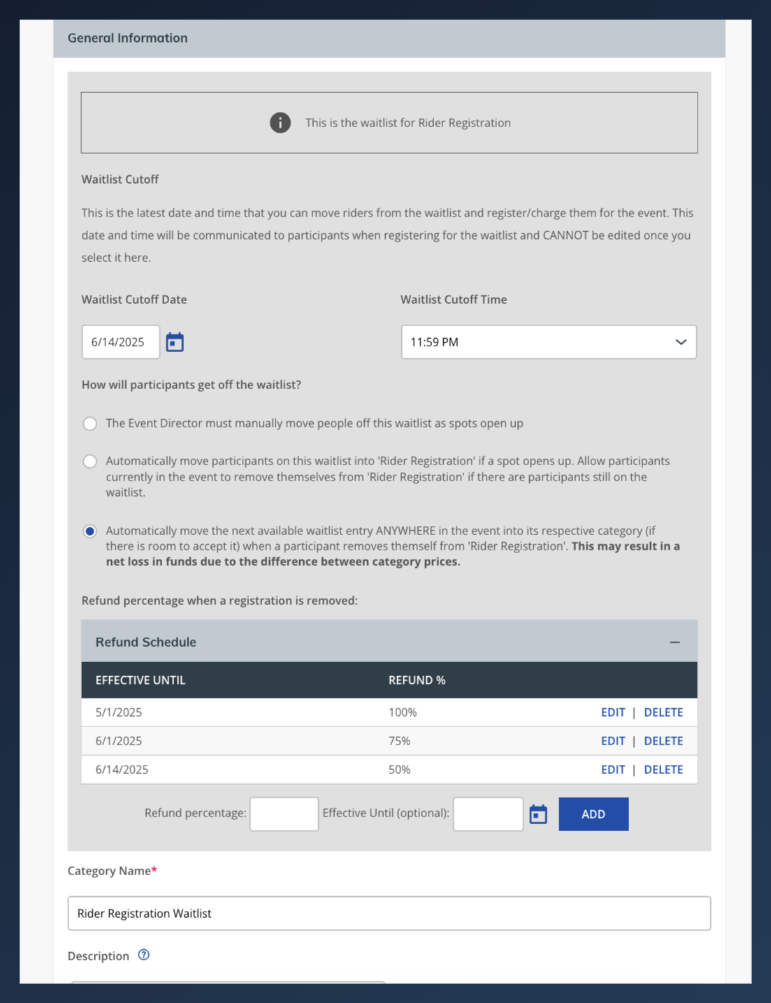athleteReg waitlist settings showing a refund schedule with tiered refund percentages of 100%, 75%, and 50% based on cancellation date