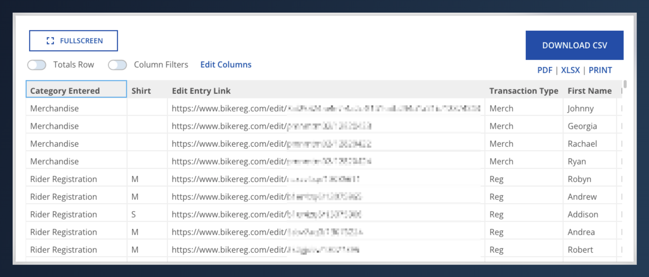 athleteReg data download showing individual edit entry links for each participant alongside category, shirt size, transaction type, and first name columns