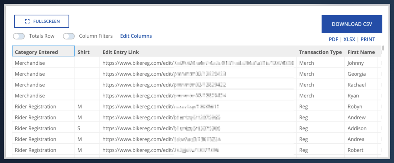 athleteReg data download showing individual edit entry links for each participant alongside category, shirt size, transaction type, and first name columns