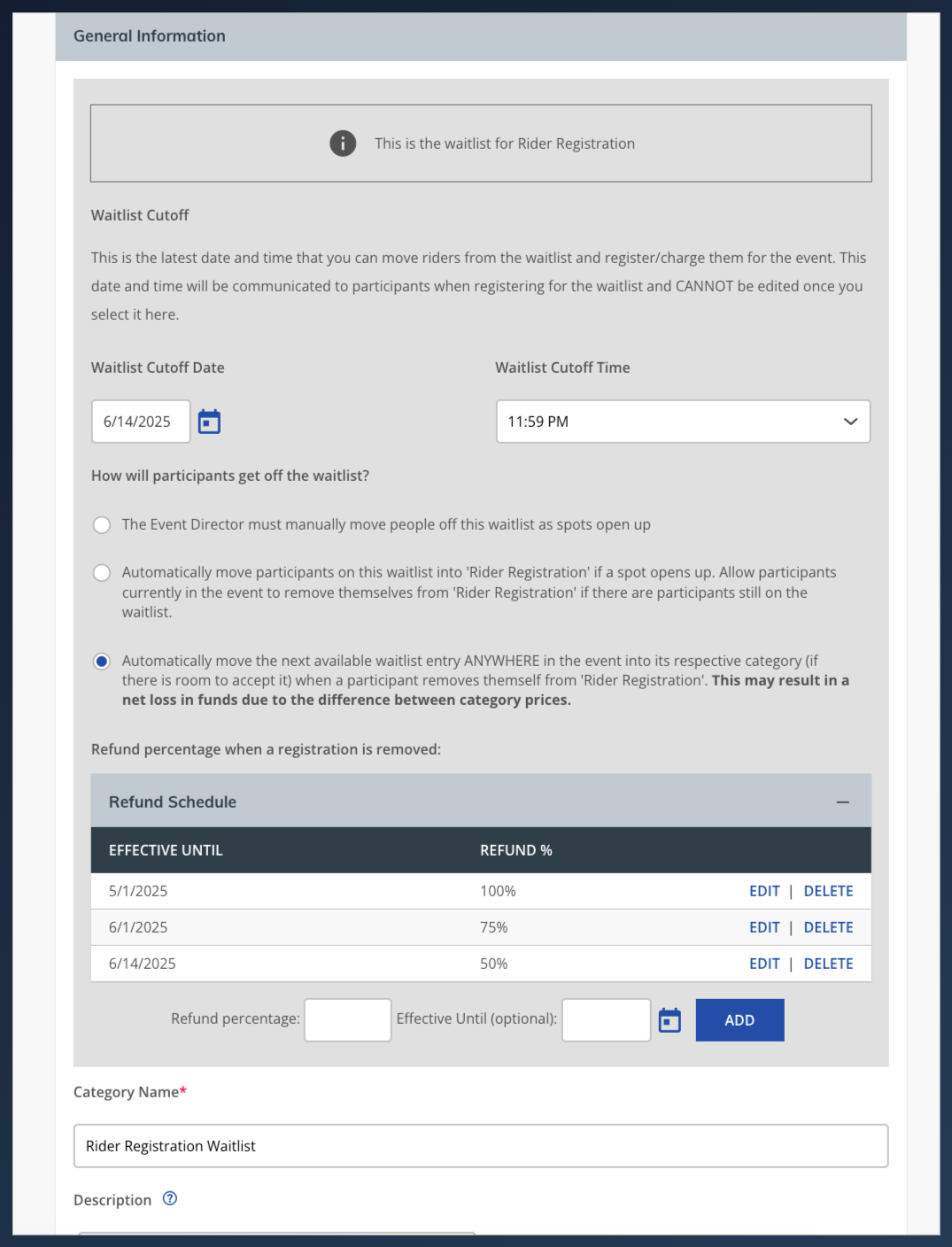 athleteReg waitlist settings showing a refund schedule with tiered refund percentages of 100%, 75%, and 50% based on cancellation date