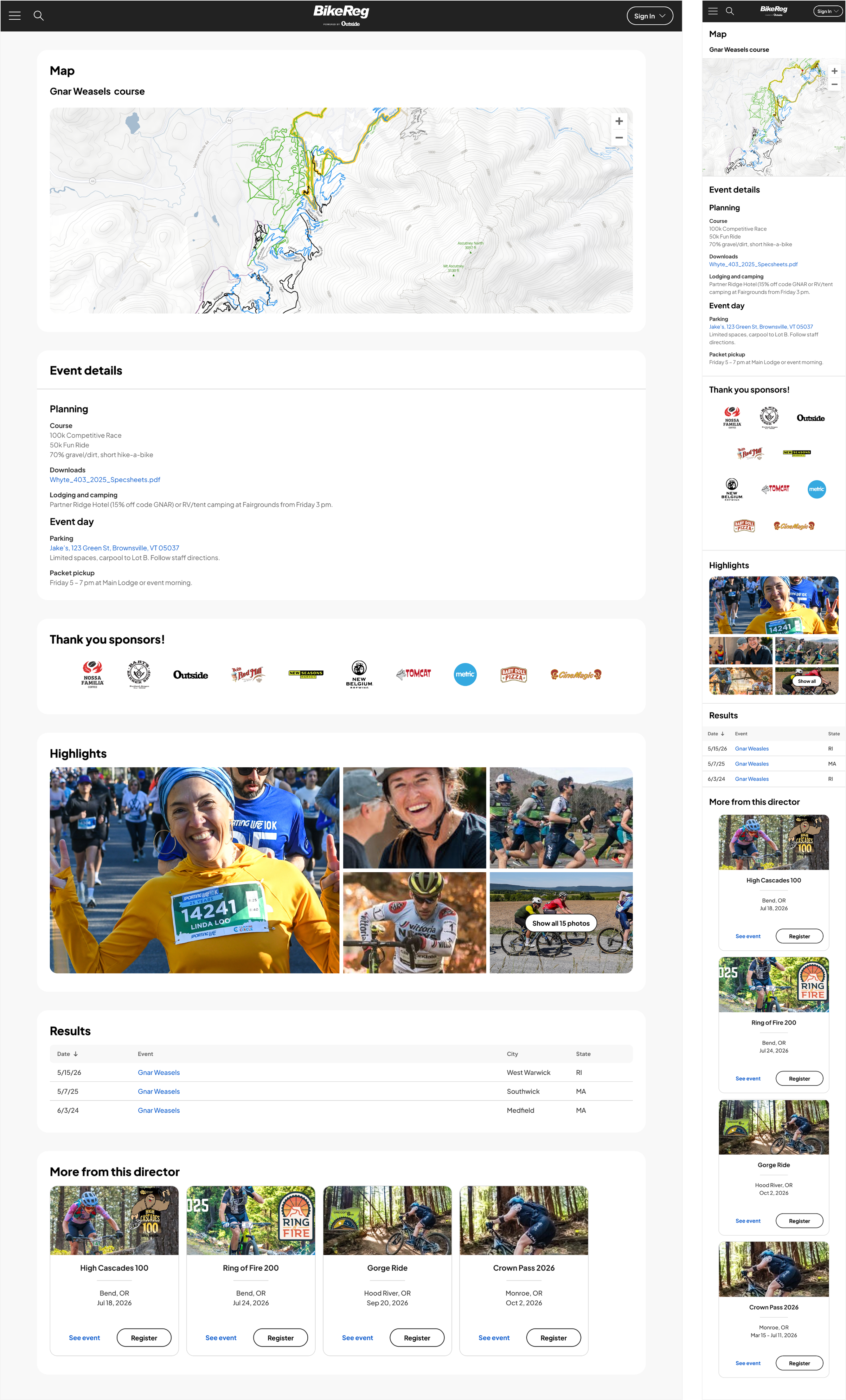 athleteReg event page Map, Event details, Sponsors, Highlight, Results